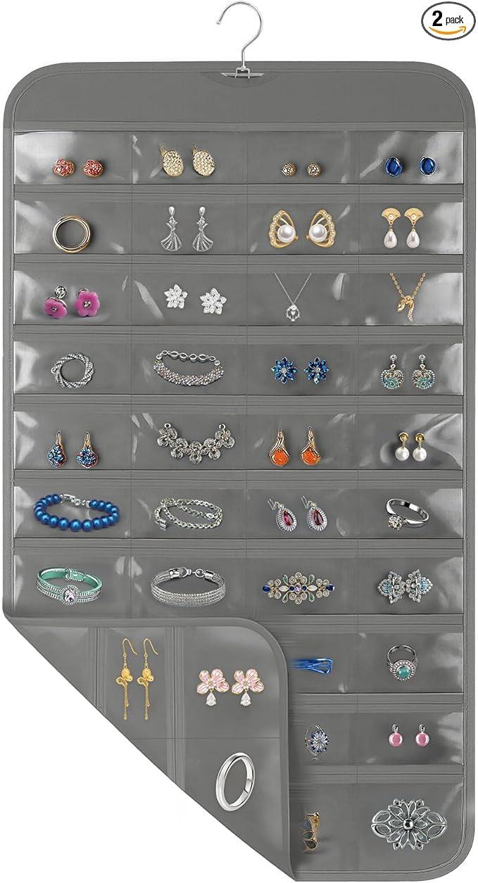 Hanging Jewelry Organizer for Closet with Swiveling Hanger, 17 x 30 In, 80 Clear Pockets Jewelry Organizer Hanging for Jewelries, Earrings, Accessories (Beige) (2, Gray)