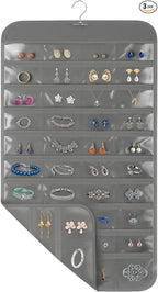 Hanging Jewelry Organizer for Closet with Swiveling Hanger, 17 x 30 In, 80 Clear Pockets Jewelry Organizer Hanging for Jewelries, Earrings, Accessories (Beige) (3, Gray)