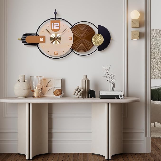 38x20 Inch Large Modern Wall Clock for Living Room - Metal & Wood Combination, Silent Non-Ticking Battery Operated Decorative Clock for Home, Bedroom, Kitchen, Office