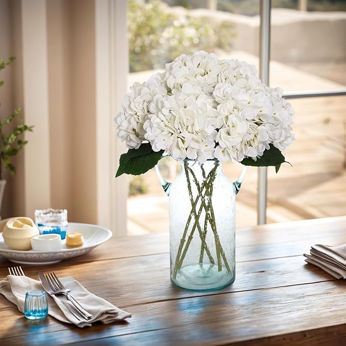 Kimura's Cabin 6pcs Faux White Hydrangeas Fake Flowers Artificial Silk Hydrangea Flower With Stems Bouquets Arrangement for Home Table Centerpieces Wedding Baby Shower Birthday Party Decoration(White)
