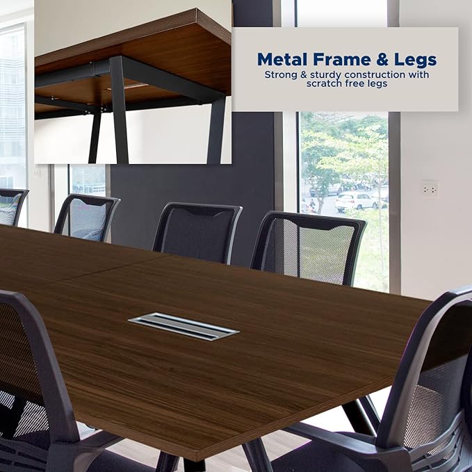 Sturdy Conference Table with Cable Management Grommets Modern Rectangle Office Meeting Table with Wood Tabletop and Metal Frame & Legs- Easy Assembly Boardroom Table (Dark Brown, 8 Foot)