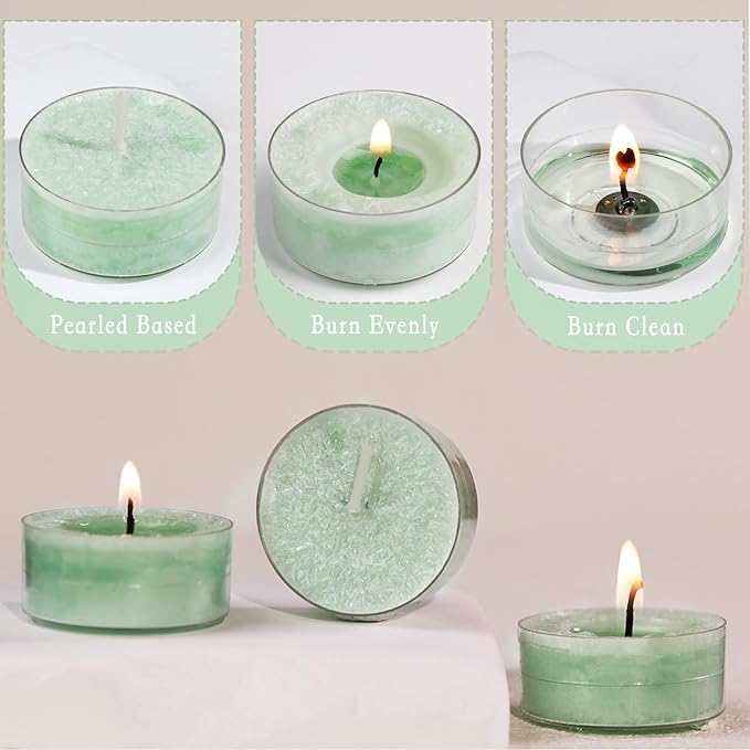 Green Tealights Candles for Easter, 5 Hours Unscented Tea Lights Candle Bulk,Non-Paraffin, Smokeless, Mini Tealight Votive Candles for Easter,Wedding,Valentine's Day,Baby Shower,Christmas, 12pcs