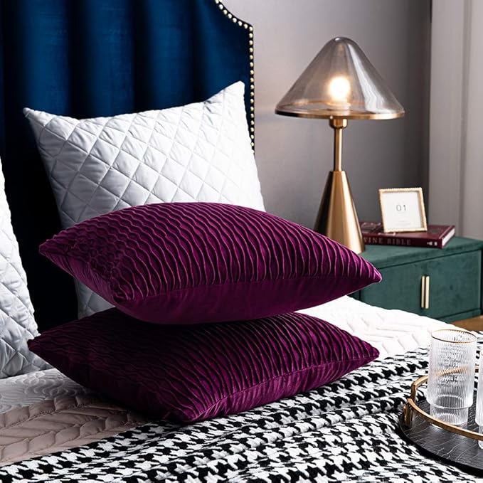 16x16 Purple Throw Pillow Cases: 2 Pack Original Striped Velvet Square Decorative Pillow Covers for Farmhouse Couch
