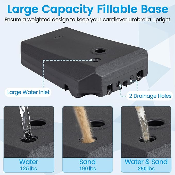 Giantex Fillable Cantilever Umbrella Base, 250 lbs Heavy-Duty Offset Patio Umbrella Stand with Wheels, Sand & Water Filled, HDPE Weighted Outdoor Umbrella Holder for Garden, Deck, Poolside