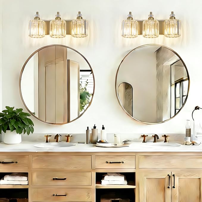 3-Light Modern Gold Bathroom Vanity Lights Brushed Brass Lighting Fixtures Over Mirror, Bathroom Vanity Lighting with Crystal Shade Wall Sconce E26 Base for Bedroom Livingroom Restroom Wall Lamp