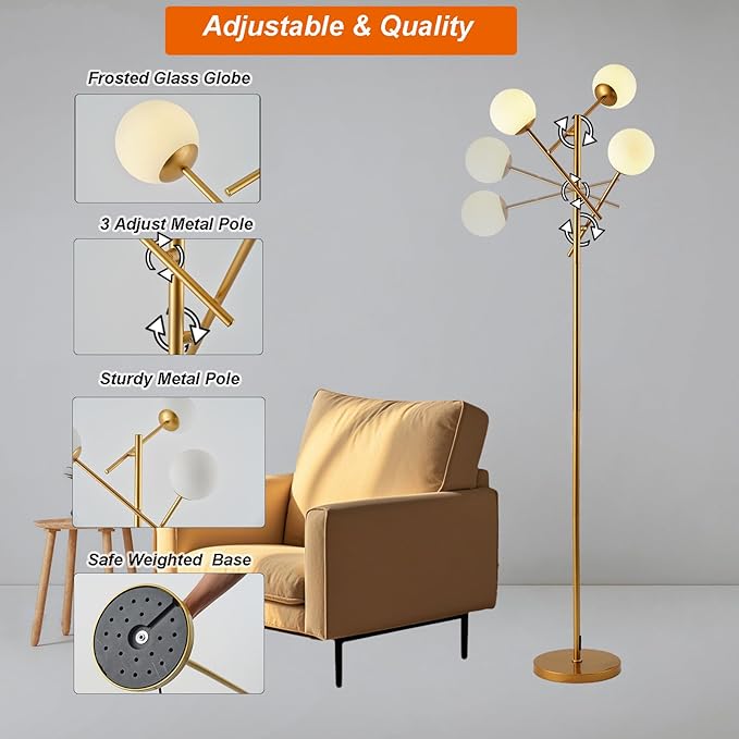 Fiqevs Globe Floor Lamp with 3 Adjustable Glass Ball Lampshade, Gold Mid Modern Standing Lamp Bulbs Included, Sputnik Tree Tall Pole Lamp for Living Room, Bedroom - Antique Brass