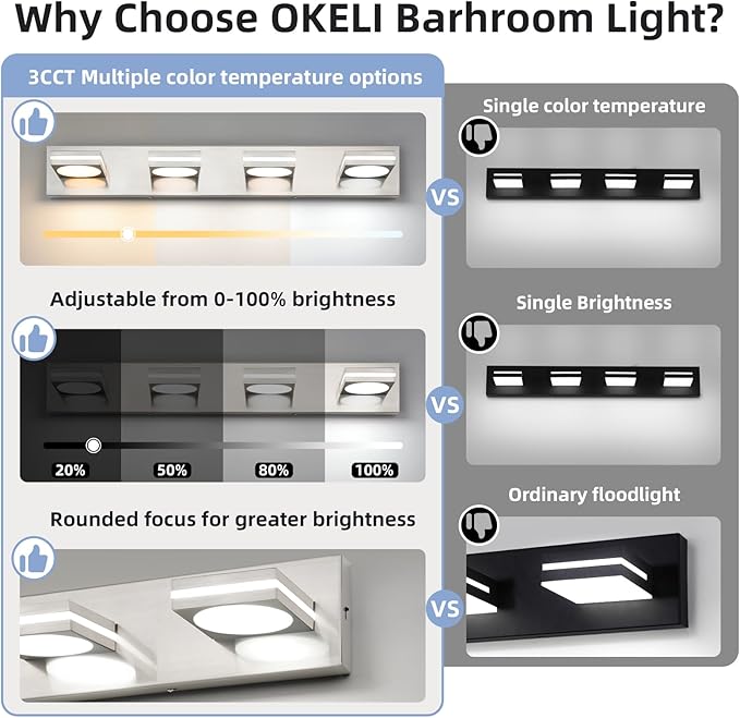 OKELI LED Modern Bathroom Vanity Light Fixtures (4-Light, 30-Inch), Brushed Nickel Acrylic Bathroom Wall Lighting Fixtures Over Mirror, 3CCT, ETL Listed, Dimmable