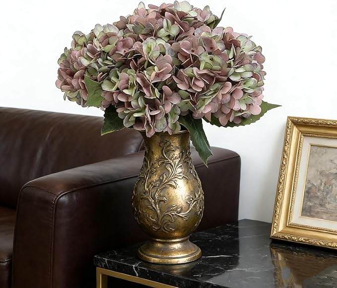 Kimura's Cabin 6pcs Fake Hydrangeas Flowers Vintage Artificial Silk Hydrangea Bouquets with Stems for Wedding Party Home Table Core Decoration (Green Purple, Pack of 6)