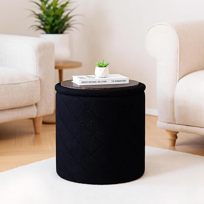 Round Ottoman with Storage - Foldable Stylish Coffee Table for Living Room & Bedroom - Space-Saving Ideal for Home Decor and Organization for Families & Individuals-Black