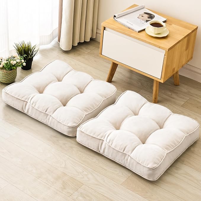 Floor Pillow Set of 2, Memory Foam Floor Cushions for Adults, Large Meditation Pillow for Sitting, 22 x 22 Inches (Square | Beige)