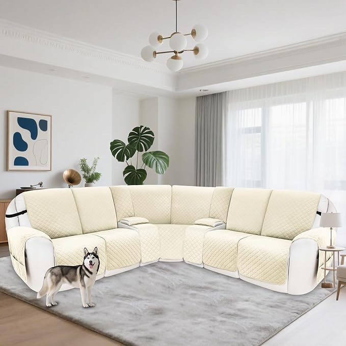 Recliner Sofa Covers 100% Waterproof Velvet L Shape Recliner Couch Covers for Dogs Pets Washable Anti Slip Recliner Slipcovers with Pockets (5 Seat Sofa with 2 Console, Ivory White)