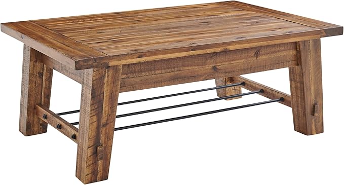 Durango 48-Inch Solid Wood Coffee Table with Storage Shelf Metal Accent – Industrial Farmhouse Living Room Table in Rustic Natural Finish by Alaterre Furniture