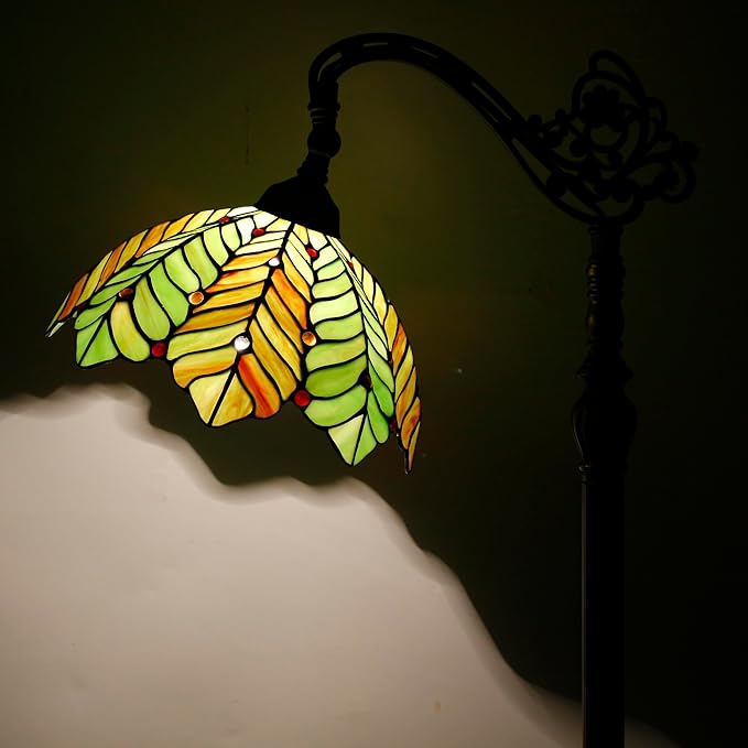 Tiffany Floor Lamp Stained Glass Lamp 18.88X12X67 Inch Angle Adjustable Arched Gooseneck Antique Reading Light (Amber Green Beach Coconut Tree)