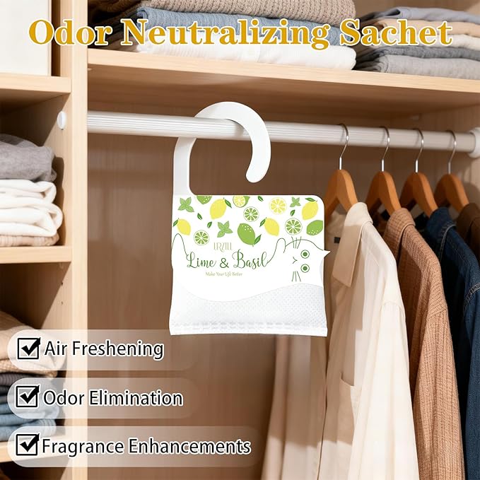 13 Packs Lime & Basil Sachets Bags for Drawers and Closets, Hanging Scented Sachets Air Fresheners, Natural Home Fragrance Odor Eliminator for Wardrobe, Shoe Cabinet, Car & Bathroom Potpourri Bag