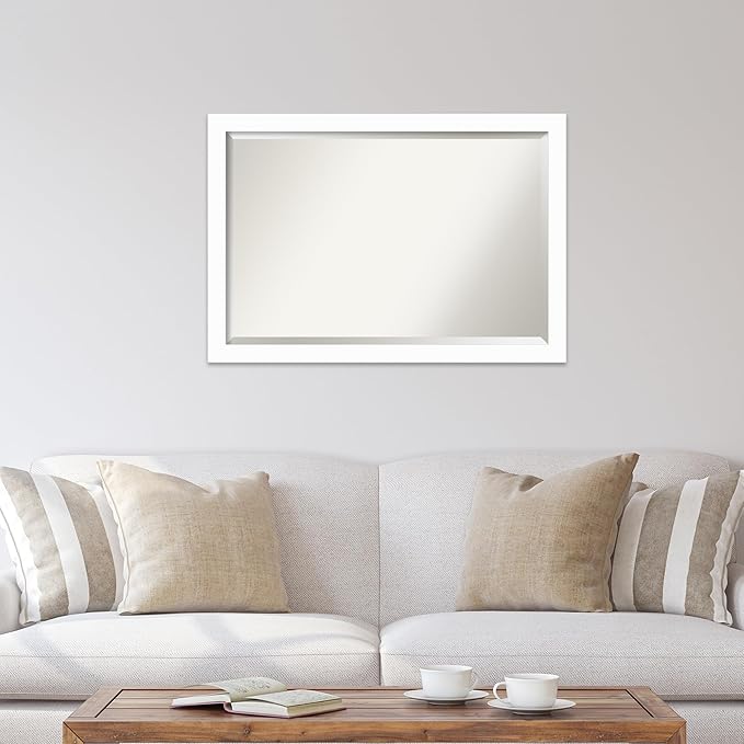 Amanti Art White Wall Mirror 27x39 Basic White Narrow Rectangle Bathroom Mirror for Wall Decor Living Room, Large Casual Wood Frame, Hangs Horizonally and Vertically, Bathroom Decor, Beveled Edge