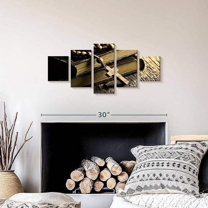 Elephant Stock Bible And Cross Wall Art Multi Piece Canvas - 5 Panel Christian Pictures Decor - Digital Design Canvas Print - Christian Wall Decor - 29" X 12"