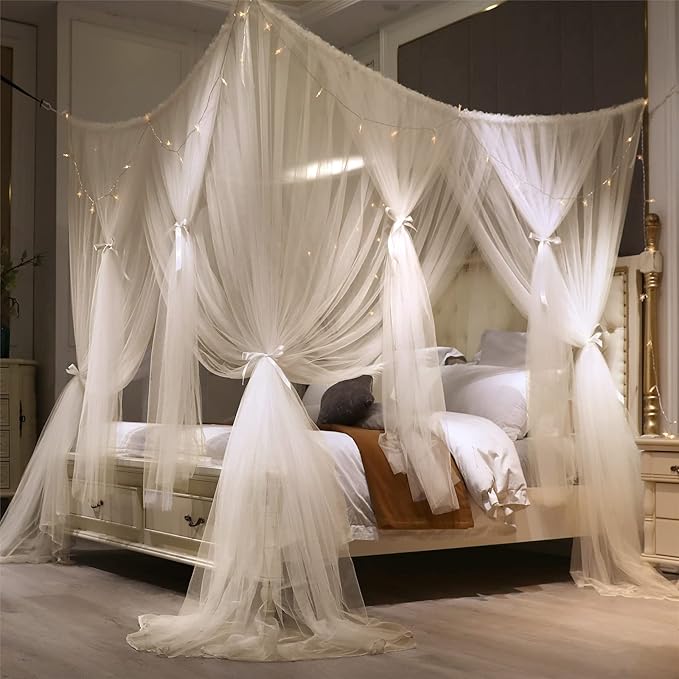 VETHIN 4 Corners Post Princess Bed Canopy Curtain Double Layer Cozy Drape Netting 4 Opening Mosquito Net for Girls & Adults Bedroom Decoration Accessories (Double White, 78" W*86" L*82"*H/(King))
