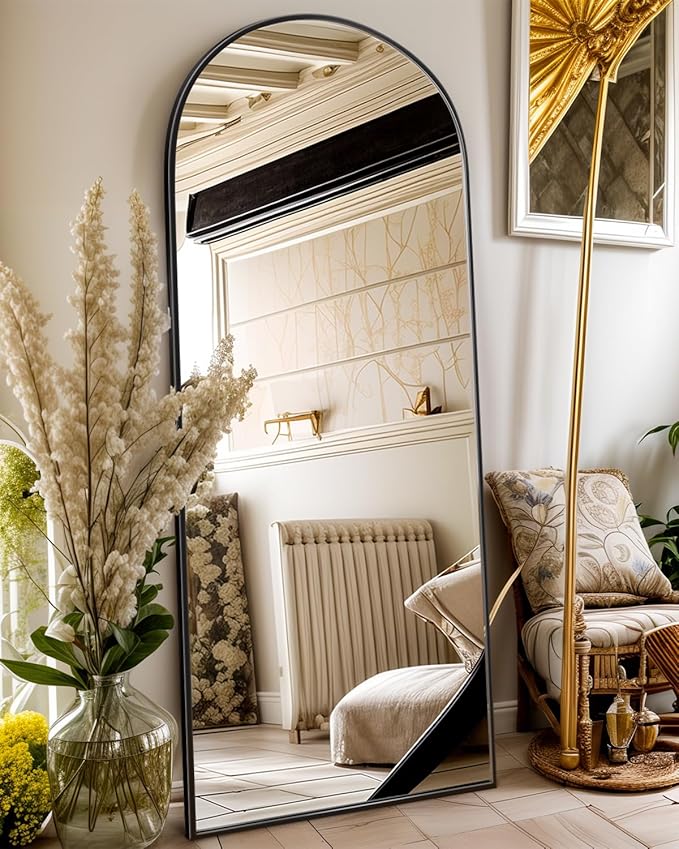 Antok Full Length Mirror, 64"x21" Floor Mirror, Arched Floor Standing Freestanding Arch Full Body Mirrors with Stand for Bedroom, Hanging Mounted for Living Room Cloakroom,Black