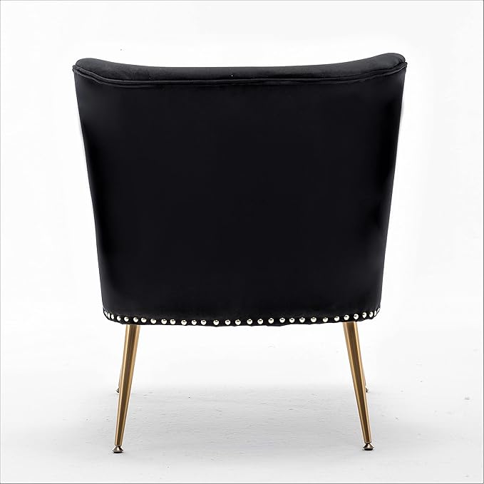 Thia Armless Velvet Accent Chair for Living Room, Elegant Seat with Nailhead Trim, Gold Metal Legs and Comfortable Curved Back, 28" D x 25" W x 29.5" H, Black
