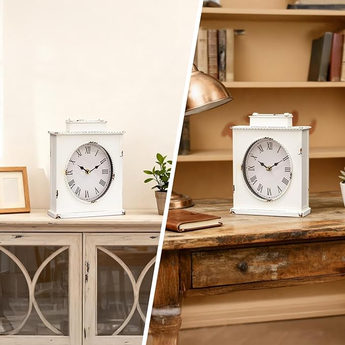MODE HOME Vintage Mantel Clock, Large Rustic Distressed Metal Table Clock with Handle, Silent Non-Ticking Quartz Movement, Whitewashed Fireplace Shelf Desk Clock for Living Room Bedroom Office