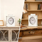 MODE HOME Vintage Mantel Clock, Large Rustic Distressed Metal Table Clock with Handle, Silent Non-Ticking Quartz Movement, Whitewashed Fireplace Shelf Desk Clock for Living Room Bedroom Office