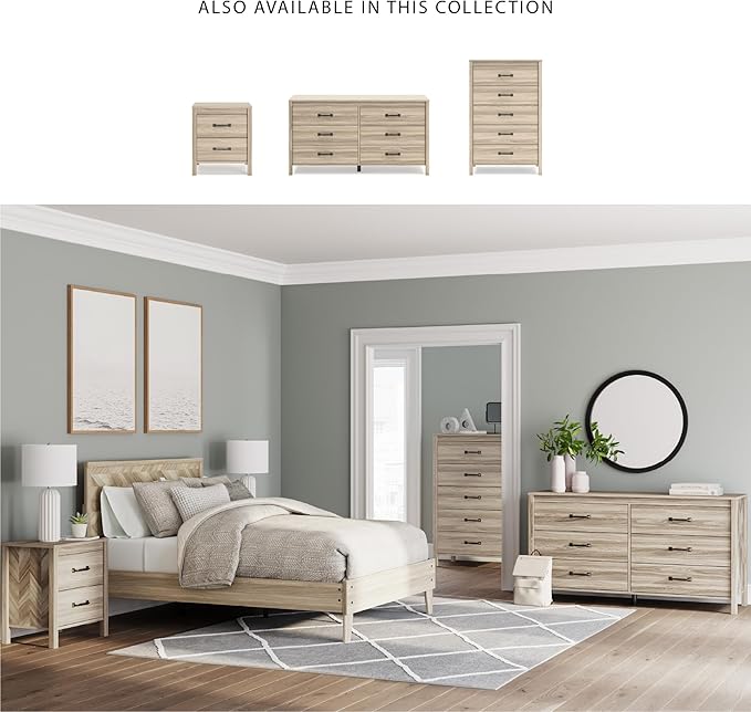 Signature Design by Ashley Battelle Mid-Century Modern Nightstand with Chevron Pattern, 2 Storage Drawers, Dark-Color Hardware, Wood, 24.5" High, Light Brown