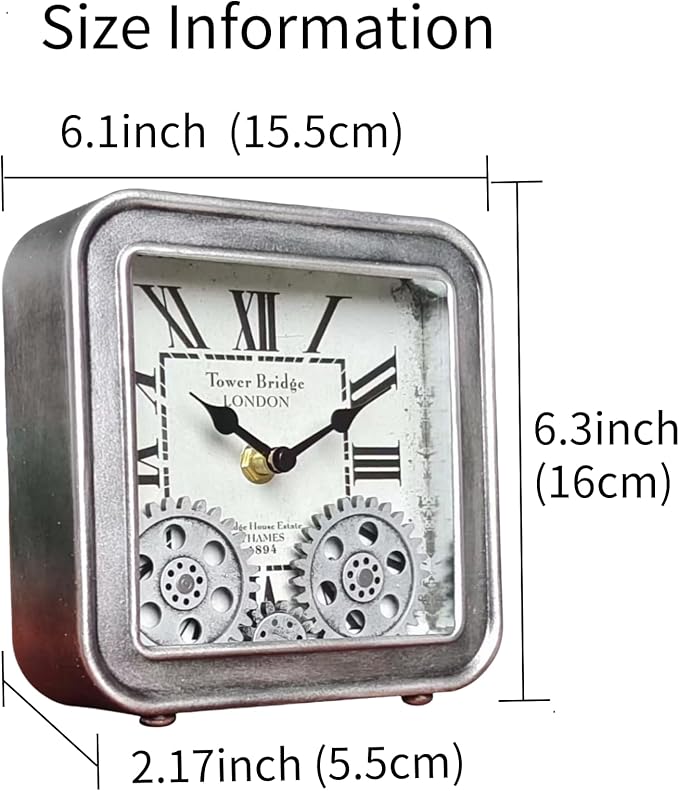 Vintage Steampunk Desk Clock, 6 Inch Metal Industrial Table Clock with Moving Gears, Silent Non-Ticking Quartz, Battery Operated Shelf Decor for Home Office Living Room (Silver)