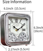 Vintage Steampunk Desk Clock, 6 Inch Metal Industrial Table Clock with Moving Gears, Silent Non-Ticking Quartz, Battery Operated Shelf Decor for Home Office Living Room (Silver)