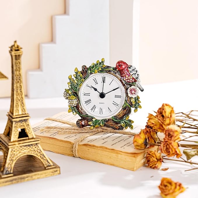 Mini Tabletop Clock, Decorative Vintage Floral Metal Table Clock with Battery Operated for Bedside, Table, Living Room, Home and Office