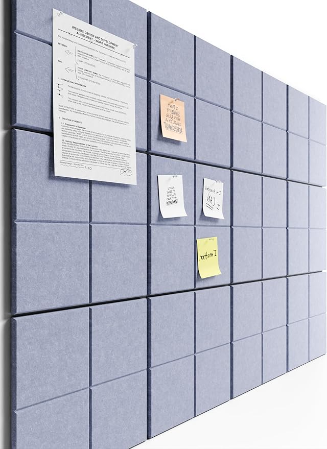 Bumusty Large Felt Bulletin Board, 48" x 36" Cork Board Alternative, 12-Pack Wall Tiles with 4-Compartment Design, 30 Push Pins, 70 Adhesive Tabs, Ideal for Office & Home Decor, Soft Periwinkle