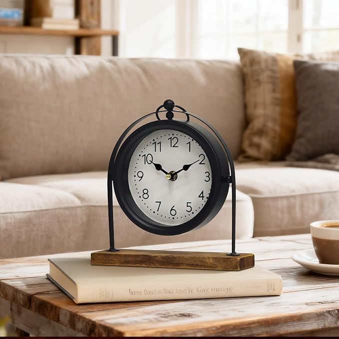 Vintage Small Table Clock, Black Metal Farmhouse Table Clock with Wooden Base, Silent Non-Ticking Battery Operated Desk and Shelf Clocks for Living Room, Kitchen, Bedroom Decor
