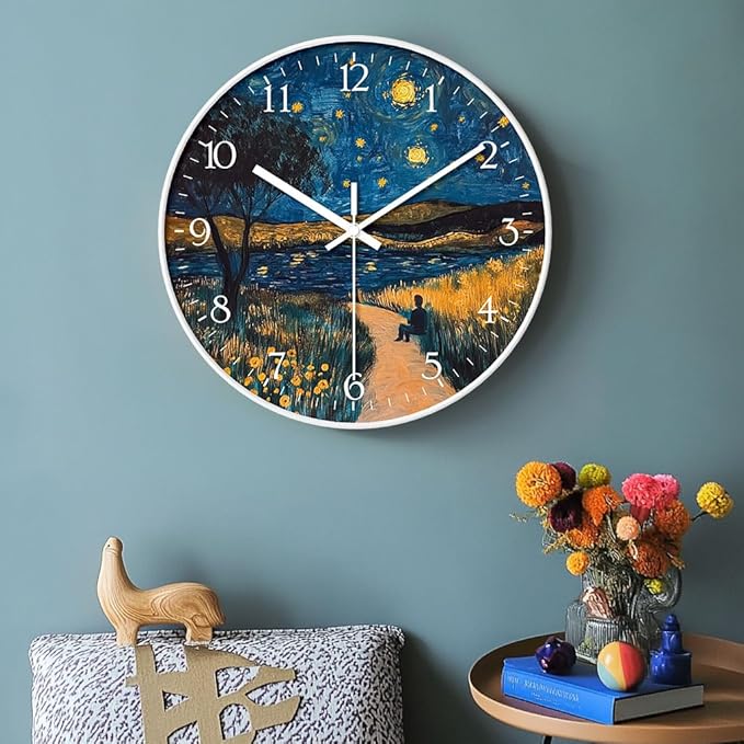 8 inch Silent Battery Operated Wall Clock, Decorative Round Wall Clock, Men Under The Starry Night