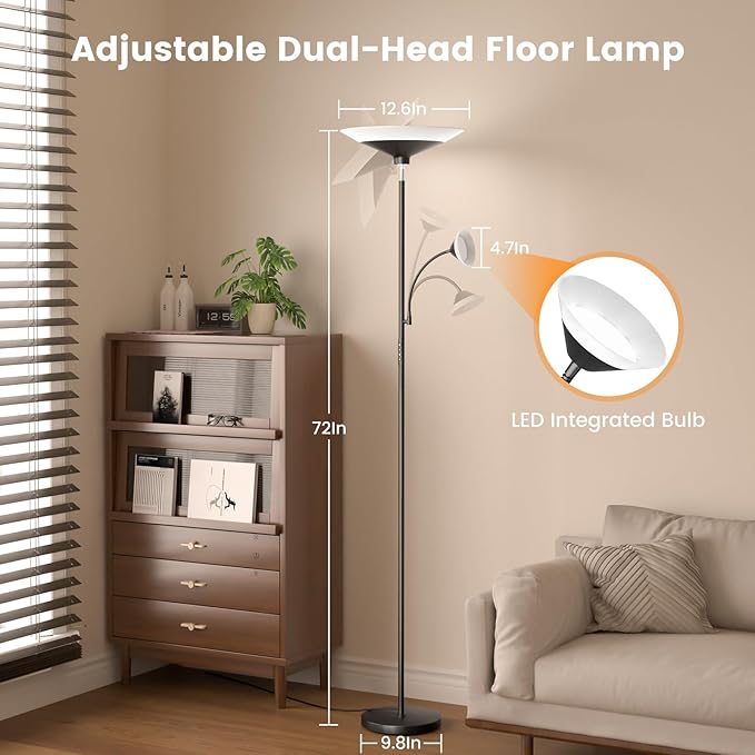 RGB Torchiere Floor Lamp - 2 Way Dimmable LED Standing Lamp with Remote&Button Control, 34W Rotatable Floor Reading Light, 72'' Tall Modern Corner Lamp for Living Room Bedroom Office, Black