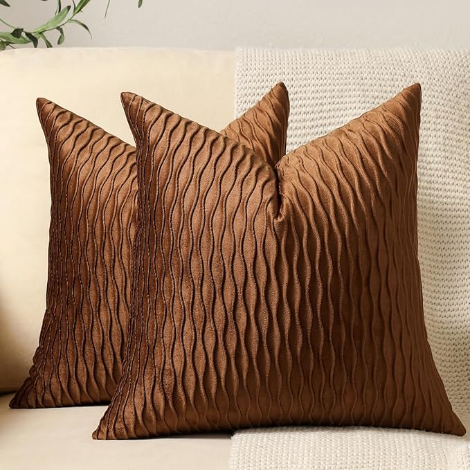 Light Brown Throw Pillow Cases: 2 Pack 24x24 Inch Original Stripe Velvet Square Decorative Pillow Covers for Farmhouse Couch