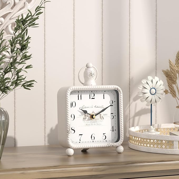 Vintage White Table Clock on Stand, Desk and Shelf Decor Clock, French Rustic Style Mantel Clocks for Farmhouse, Living Room, Bedroom, Bedside, Gift (8.5" H x 5.5" W)