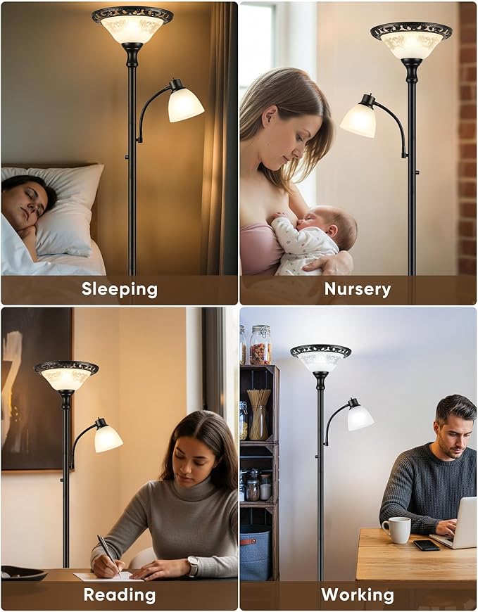 Torchiere Floor Lamps for Living Room, 71" Tall Standing Lamp with Thick Glass Shade, Metal Pole & Heavy Base, Vintage Corner Lamp with Reading Light Home Decor for Bedroom Office, 3CCT Bulb Included