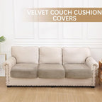 hyha Velvet Couch Cushion Covers, Soft Sofa Seat Covers for sectional 3 Cushion Couch Washable, Magic Sofa Slipcover with Elastic Bottom, Non-Slip Furniture Protector for Pets, Kid(3PC, Taupe)