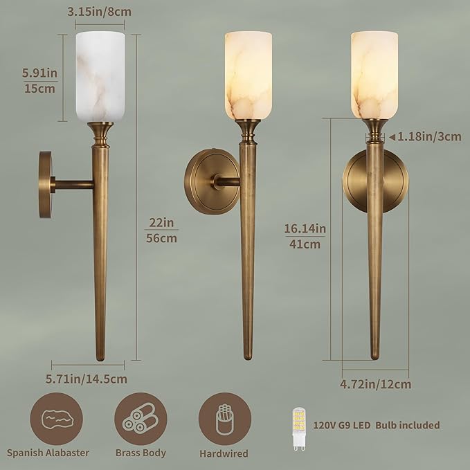 22in Alabaster Wall Sconce, Gold Sconces with Spanish Marble, Modern Brass Wall Mounted Lamp, Hardwired LED Wall Lighting for Bathroom Bedroom Living Room Staircase Hallway Dining Room
