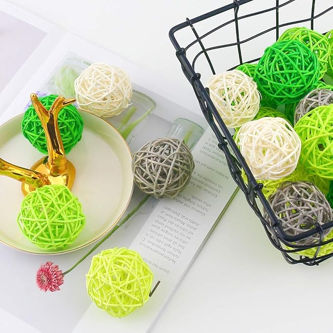 DomeStar 24PCS Green Decorative Balls for Bowl Centerpiece, 2 Inch Rattan Balls St. Patrick's Day Bowl Fillers Decor, Wicker Twig Orbs Spheres, Home Vase Table Decor
