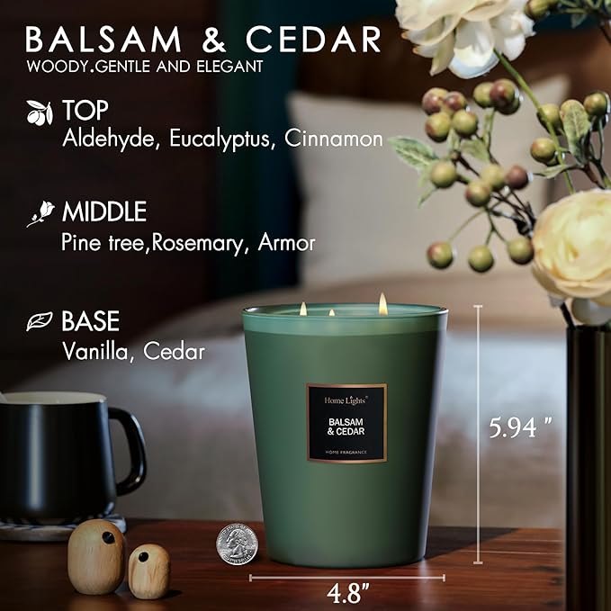 HomeLights Highly Scented Soy Candles Big 33.3 oz for Home. 3 Cotton Wicks, Smokeless Long Lasting 130 hrs in Balsam & Cedar. 5x6, Great Gift for Women & Men