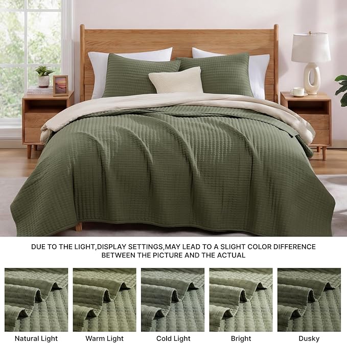 WRENSONGE King Size Quilt-3 Pieces Lightweight Bedspreads Olive Green King Quilt Bedding Set for All Seasons, Soft Summer Coverlet with 2 Pillow Shams Suitable for Bed, Couch, Quilt Blanket