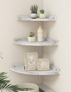 Corner Shelves Wall Mount, Rustic Natural Wood Corner Floating Shelf, Distressed White Storage Organizer Corner Wall Shelves for Living Room Kitchen Bedroom Bathroom Laundry, 9.68x9.68 Inch