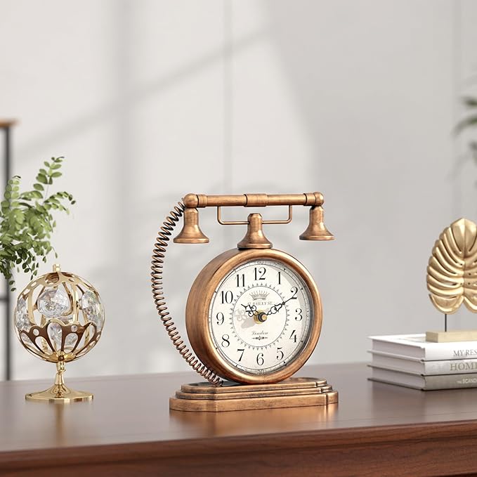 Vintage Table Clock, Desk and Shelf Decor Clock, Gold Antique Telephone Style Mantel Clocks, for Living Room, Farmhouse, Bedroom, Bedside, Gift (7.3" H x 7.3" W)