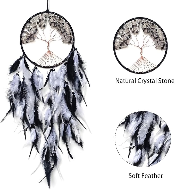 Black and White Dream Catcher Wall Decor Crystal Tree of Life Dream Catchers Handmade Feather Dreamcatcher Wall Hanging Ornament for Bedroom Living Room Home Decor