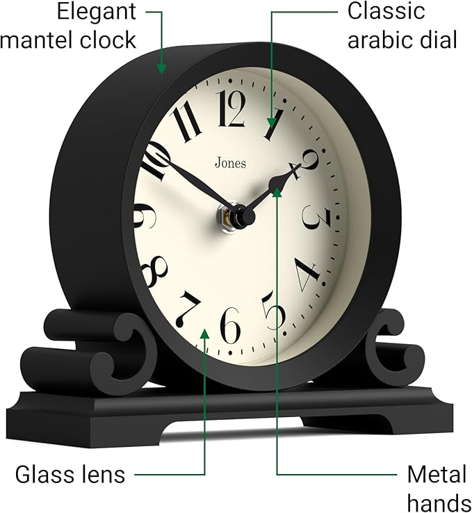 JONES CLOCKS® Saloon Mantel Clock | Traditional Double Scroll Design | Black | Contemporary Classic Style for Desk, Table, Shelf or Bedside