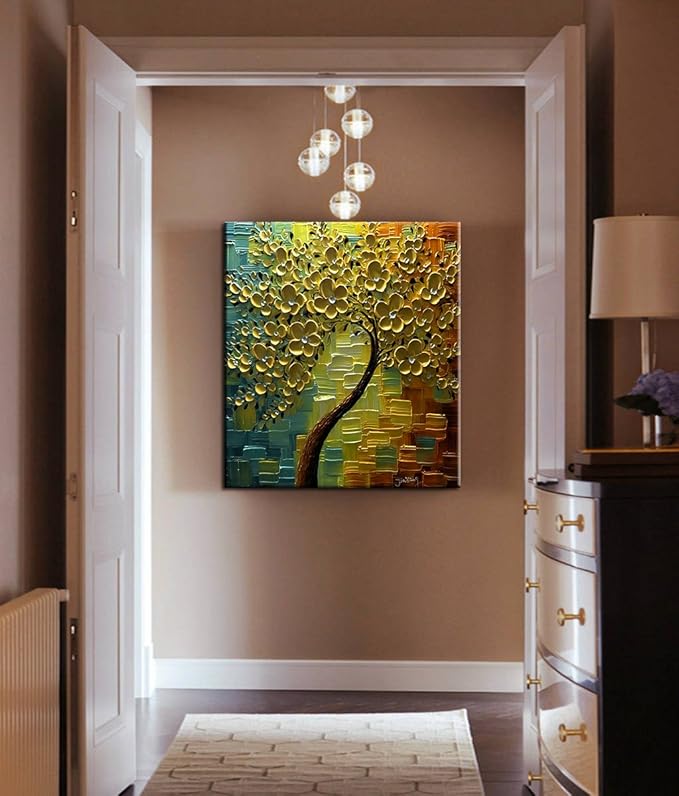 YaSheng Art - hand-painted Oil Painting On Canvas textured wall art golden Flowers Paintings Modern Home Decor Wall Art bedroom aesthetic Abstract Art picture Ready to hang 30x30inch