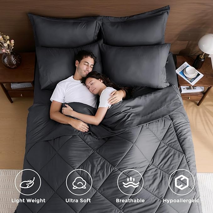 HEVUMYI Twin Comforter Set - 5-Piece All Season Bed in a Bag Twin, Ultra Soft Bedding Set with Comforter, Flat Sheet, Fitted Sheet, Pillowcases, Pillow Shams, Dark Grey