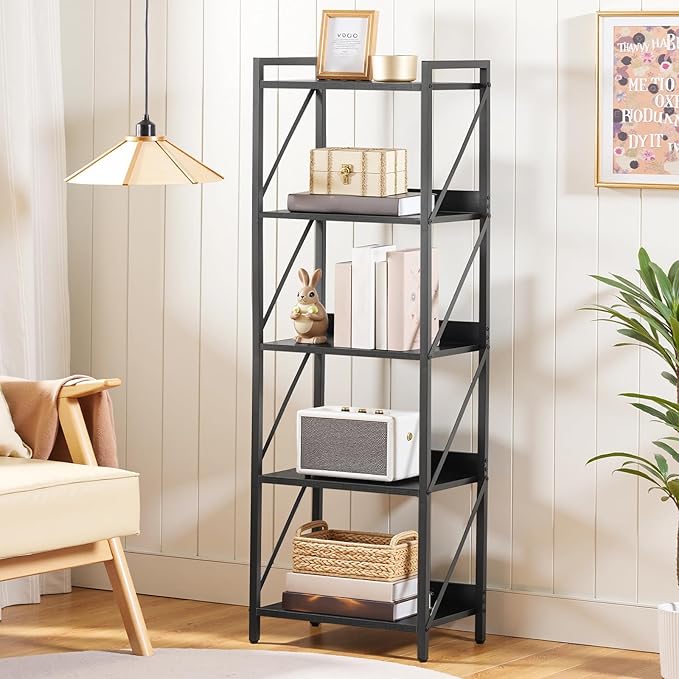 HOOBRO Bookshelf, 5-Tier Industrial Bookcase, Book Shelf Storage Organizer, Tall Bookshelf with Metal Frame for Living Room, Bedroom, Home Office, Kitchen, Black BB73SJ01