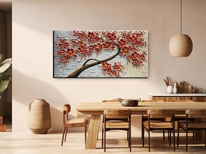 YaSheng Art -Large Size hand-painted Oil Painting On Canvas Texture Palette Knife Red Flowers Paintings Modern Home Decor Wall Art Painting Colorful 3D Flowers Tree Paintings Ready to hang 24x60inch