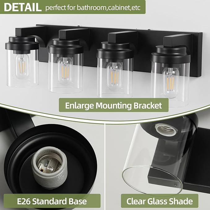 Bathroom Vanity Light, 4 Light Black Vanity Lights with Clear Glass Shade, Farmhouse Bathroom Vanity Lighting Fixtures Over Mirror for Living Room,E26
